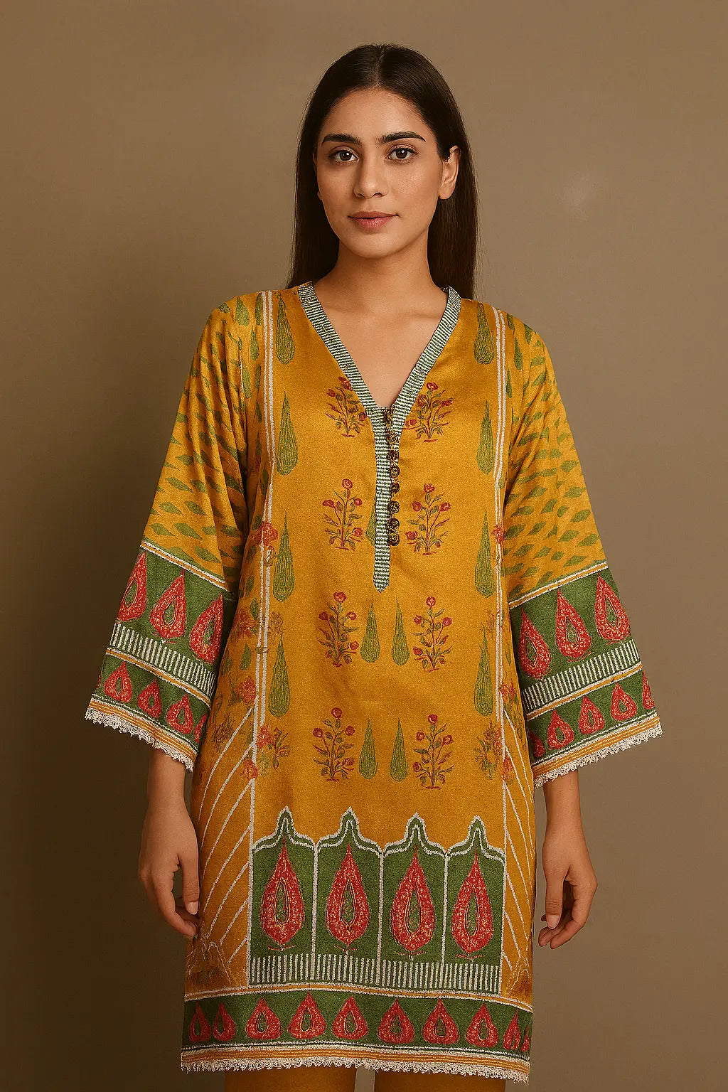 Mustard Shalmos Silk Kurti with Traditional Mughal Motifs & Lace Accents – 1 Piece Stitched WOMEN'S CHOICE