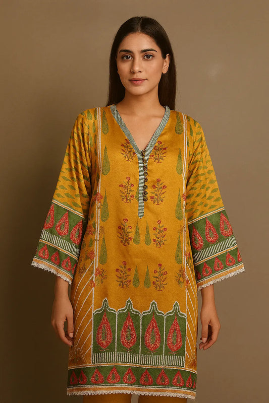 Mustard Shalmos Silk Kurti with Traditional Mughal Motifs & Lace Accents – 1 Piece Stitched WOMEN'S CHOICE