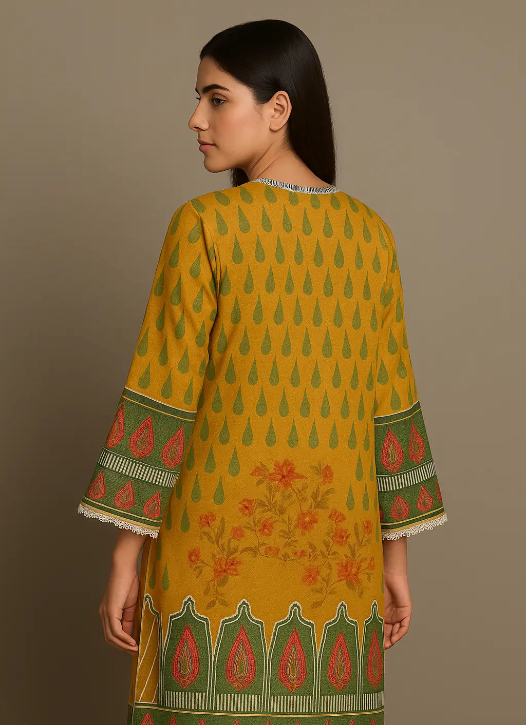 Mustard Shalmos Silk Kurti with Traditional Mughal Motifs & Lace Accents – 1 Piece Stitched WOMEN'S CHOICE