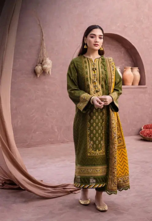 Olive Green 3 Piece Suit with Mustard Dupatta WOMEN'S CHOICE