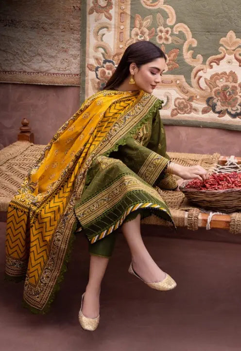 Olive Green 3 Piece Suit with Mustard Dupatta WOMEN'S CHOICE