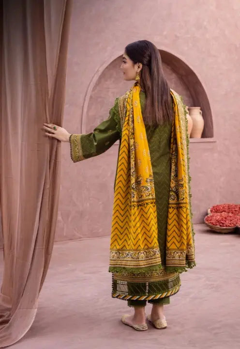 Olive Green 3 Piece Suit with Mustard Dupatta WOMEN'S CHOICE
