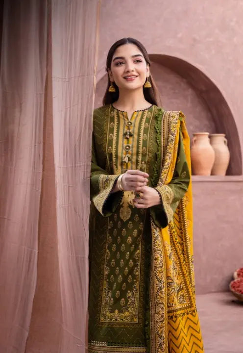 Olive Green 3 Piece Suit with Mustard Dupatta WOMEN'S CHOICE