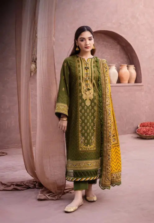 Olive Green 3 Piece Suit with Mustard Dupatta WOMEN'S CHOICE