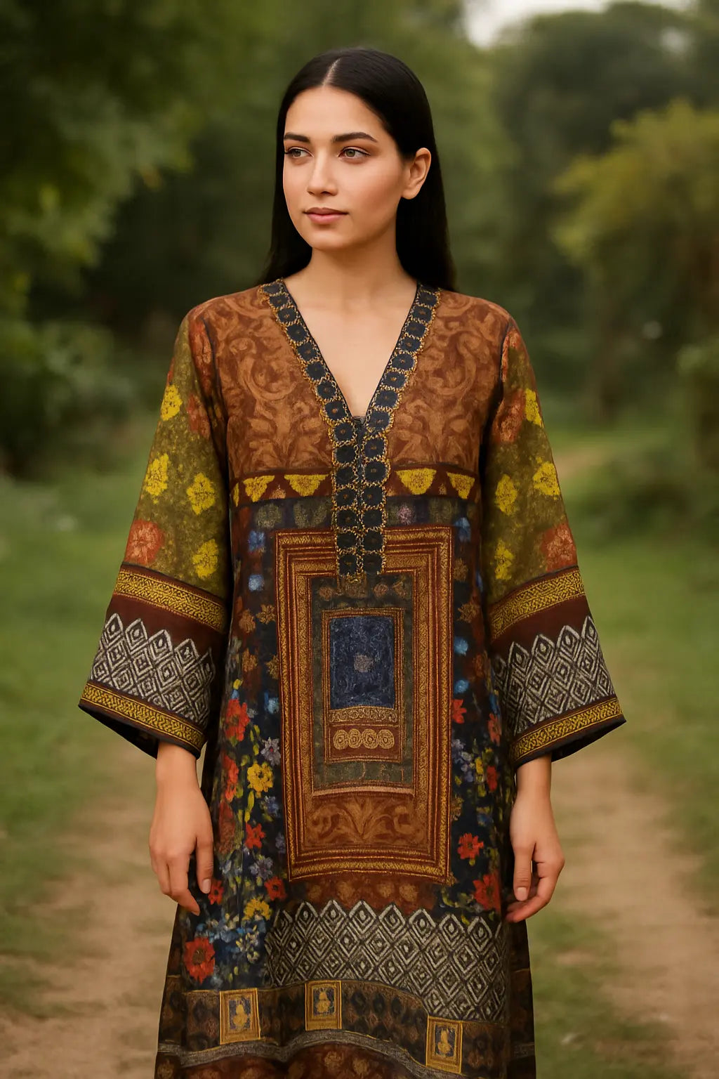 Rust & Navy Dream – Elegant Printed Shalmos Silk Kurti WOMEN'S CHOICE