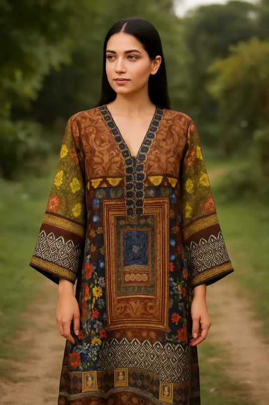 Rust & Navy Dream – Elegant Printed Shalmos Silk Kurti WOMEN'S CHOICE