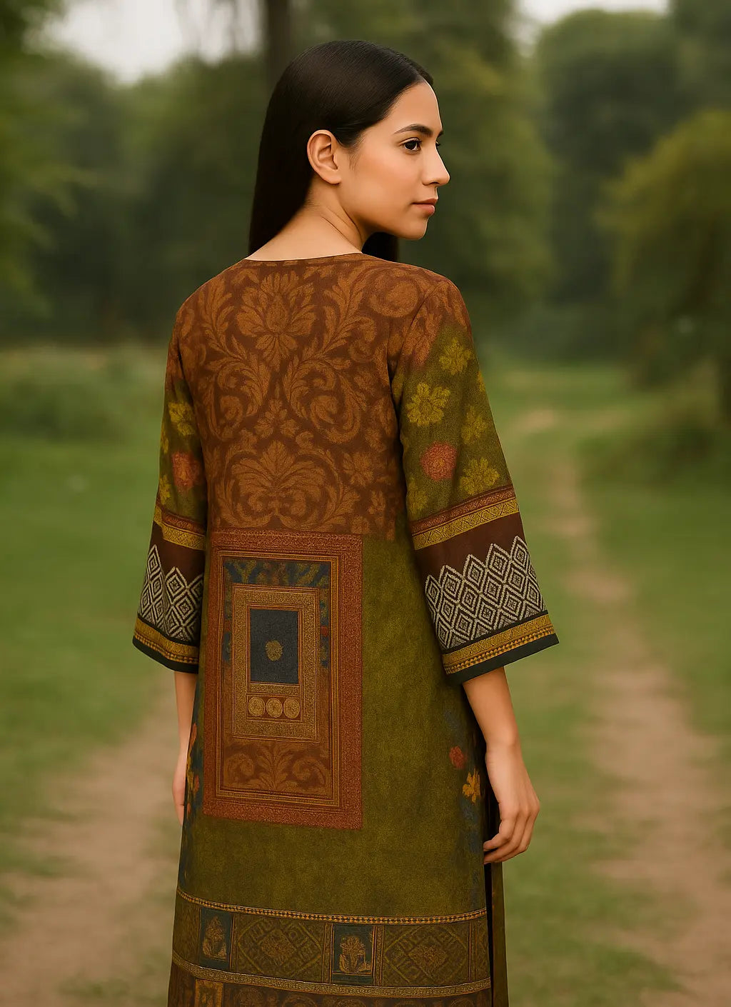 Rust & Navy Dream – Elegant Printed Shalmos Silk Kurti WOMEN'S CHOICE