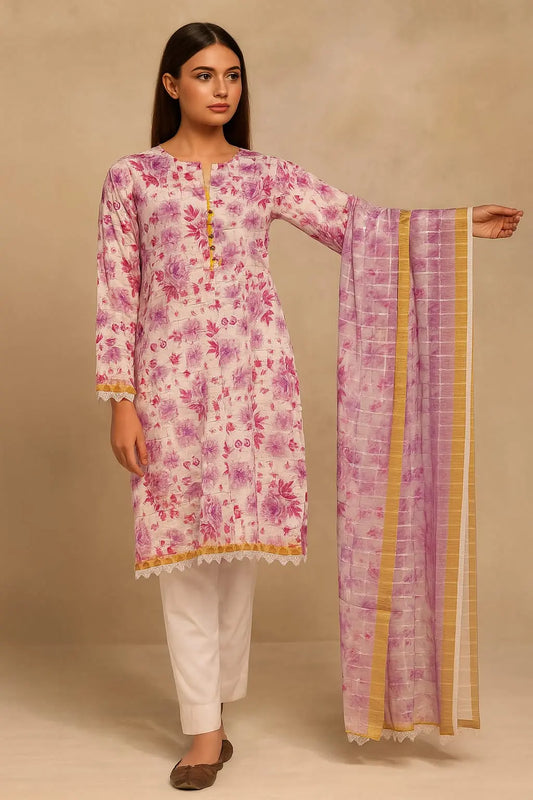 Soft Pink, Gold & Purple Monar Silk 3-Piece Floral Suit – Stitched WOMEN'S CHOICE